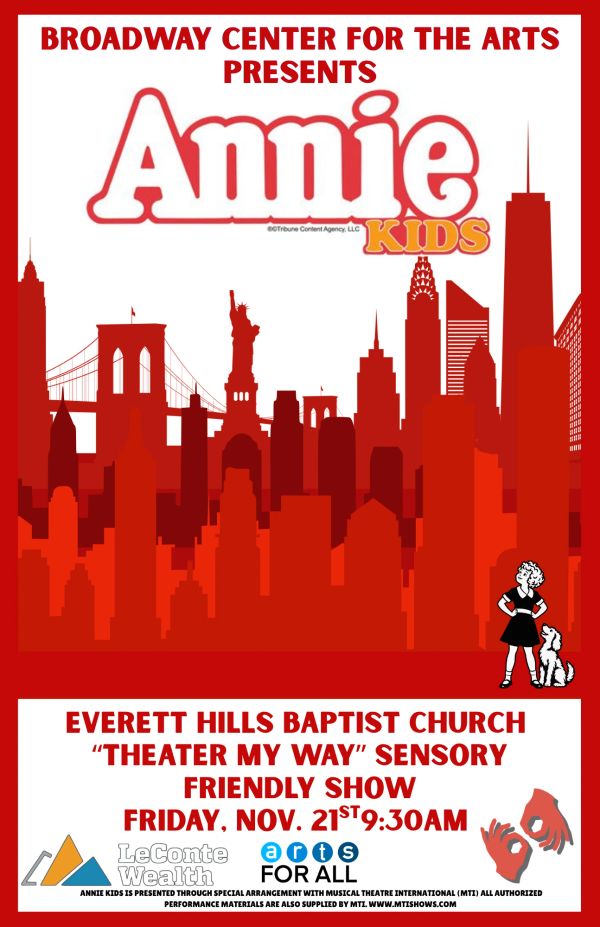 Poster for Annie Kids show at Everett Hills Baptist Church.