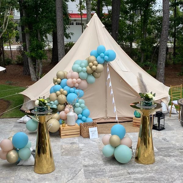 Lace Creates™ Elegant beige tent decorated with blue, pink, &  beige balloons flanked by gold stands