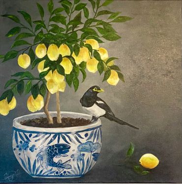 Magpie Lemon Tree, 24 x 24 in., oil on canvas