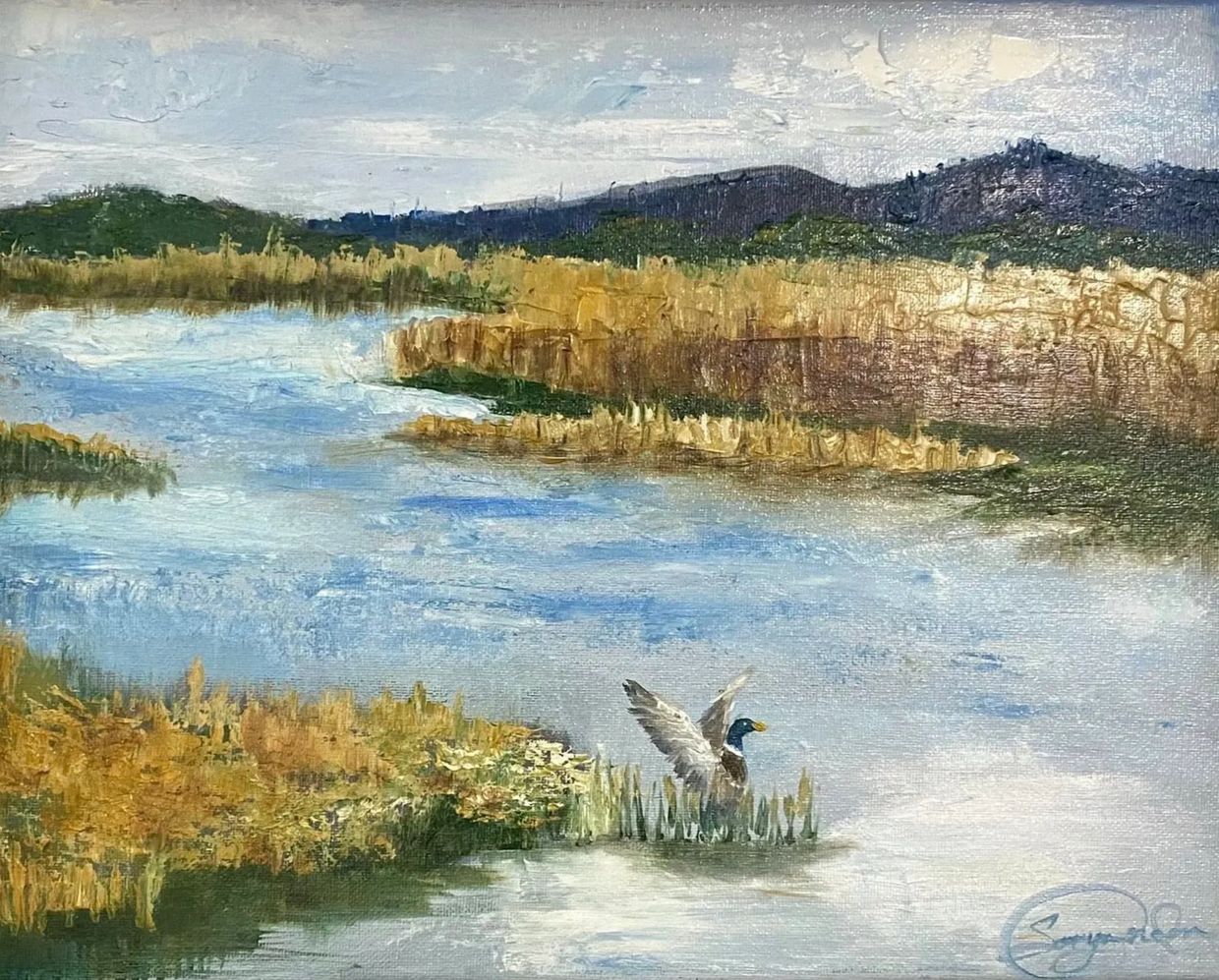 Painting of a duck by a river with hills in the background.