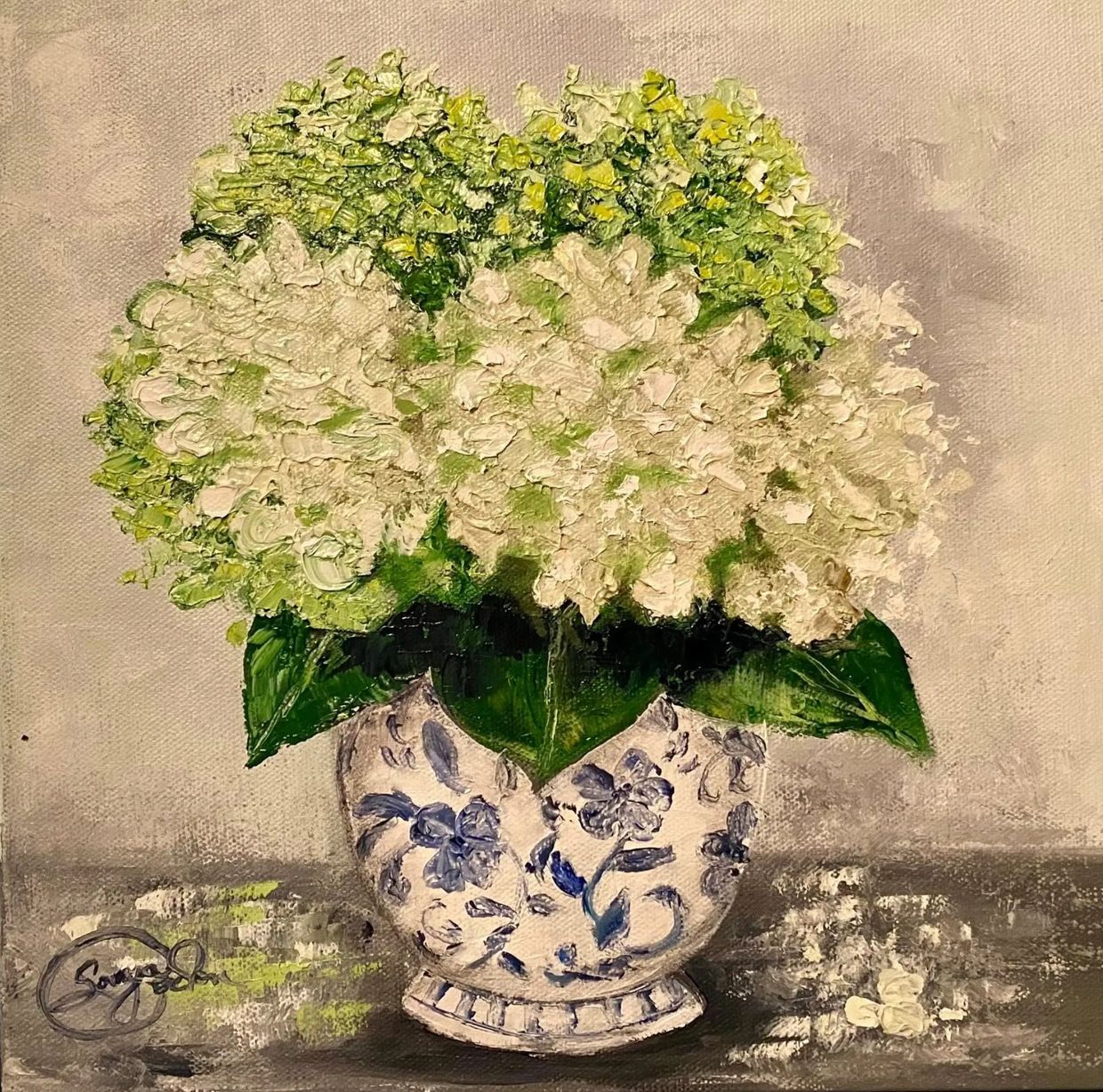 Impressionist painting of white hydrangeas in a decorative blue and white vase.