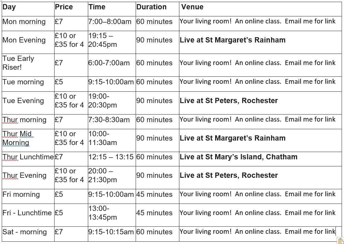 Weekly class schedule with prices, times, durations, and venues including online and live locations.