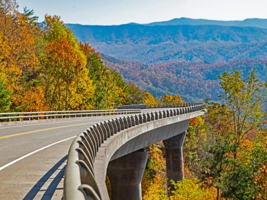 Curved bridge with guardrails over autumn forest and mountains.