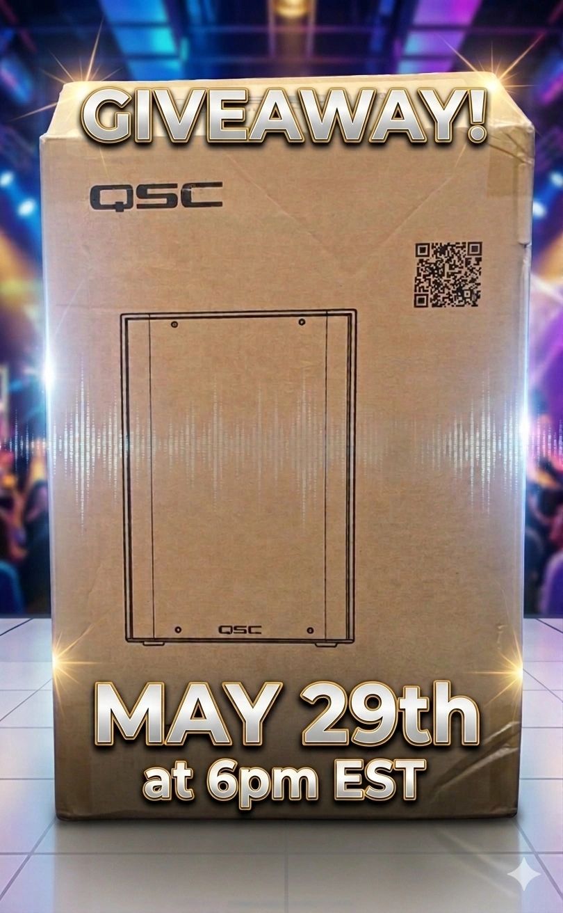 QSC giveaway announcement for May 29th at 6pm EST with a boxed speaker.