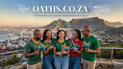 Group of happy South Africans holding flags with Table Mountain in the background.