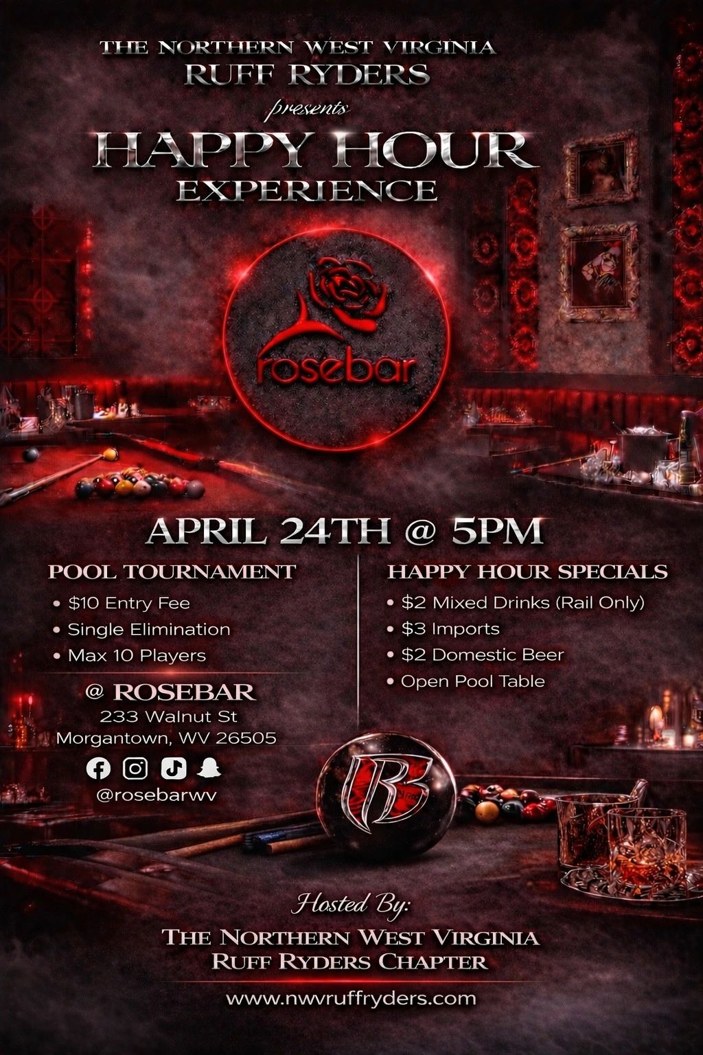 Flyer for a pool tournament and happy hour event at Rosebar in Morgantown, WV on April 24th.