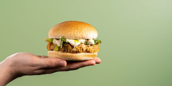 Our in-house made crispy vegan chicken burger with vegan mayonnaise