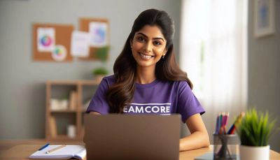 smiling teacher wearing purple t-shirt written as TeamCore doing online classes