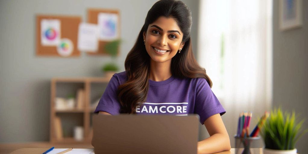 smiling teacher wearing red t-shirt written as TeamCore doing online classes