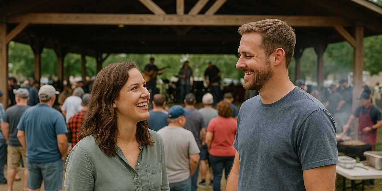 Two people smiling and talking at an outdoor event with a crowd and musicians in the background.