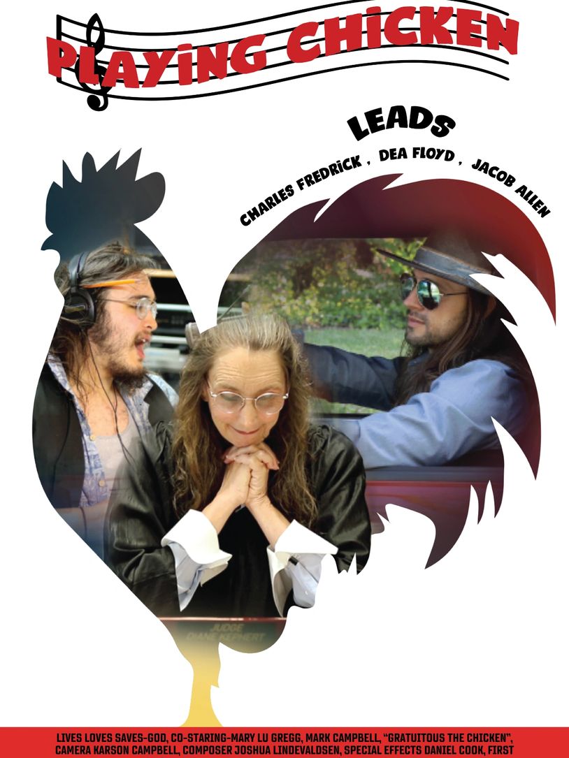 Movie poster for "Playing Chicken" featuring three main characters in a rooster-shaped design.