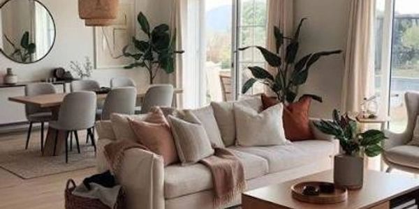 Cozy modern living room with neutral tones and plants.