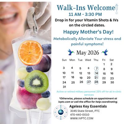 Flyer advertising vitamin shots and IVs with walk-in hours and special May 2026 dates.