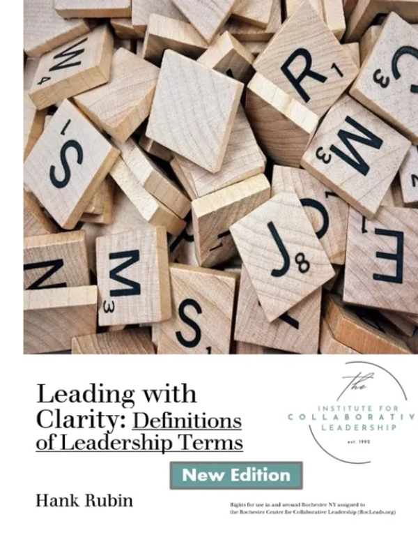 Book cover titled 'Leading with Clarity: Definitions of Leadership Terms' with Scrabble tiles background.