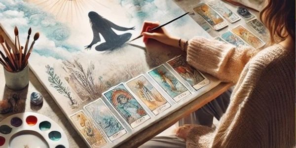 Person painting mystical shadow with tarot cards around.