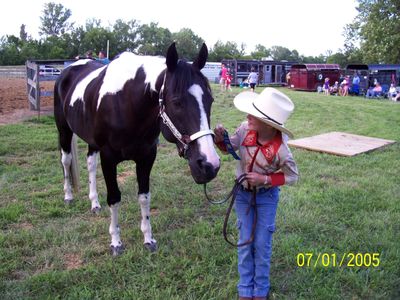 Little girl looking at her horse, a black and white paint, getting ready for their 4H show