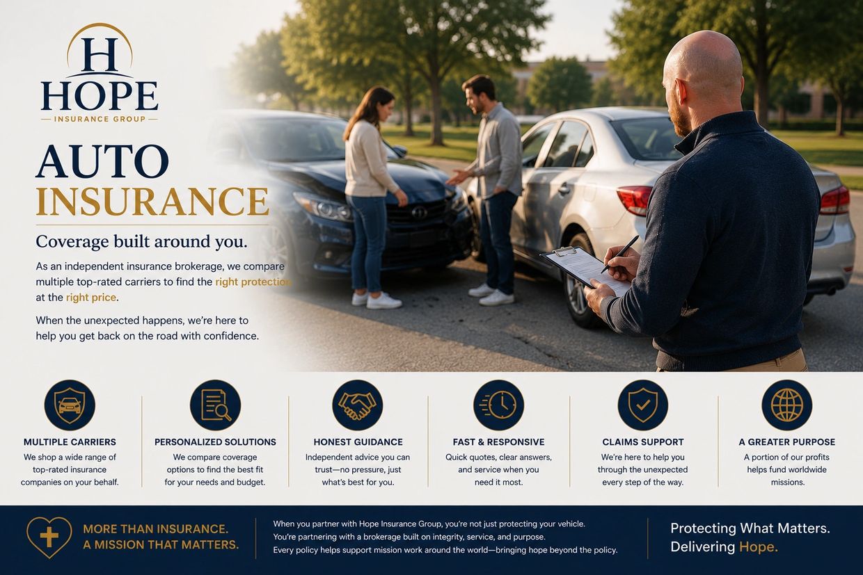 Hope Insurance Group offers personalized, honest auto insurance with multiple carriers and claims support.