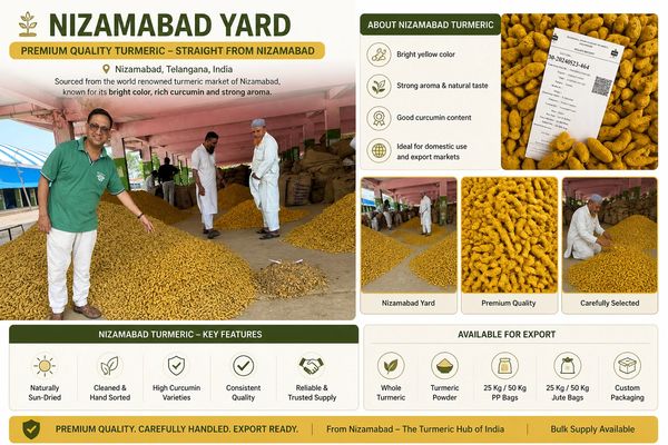 Nizamabad Yard showcasing premium quality turmeric from Telangana, India with high curcumin content and export readiness.