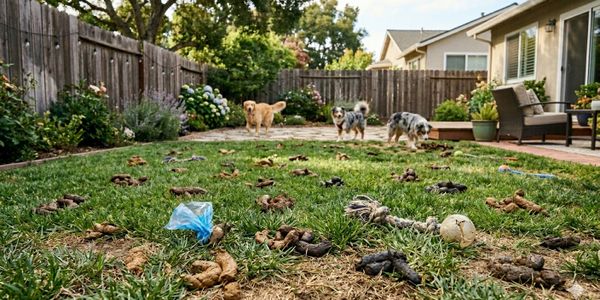 A backyard lawn damaged and dug up by dogs with three dogs in the background.