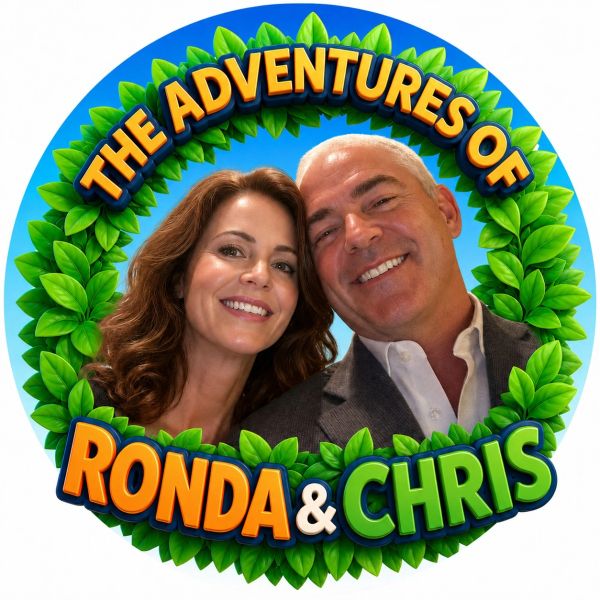 Logo featuring smiling couple with text 'The Adventures of Ronda & Chris'.
