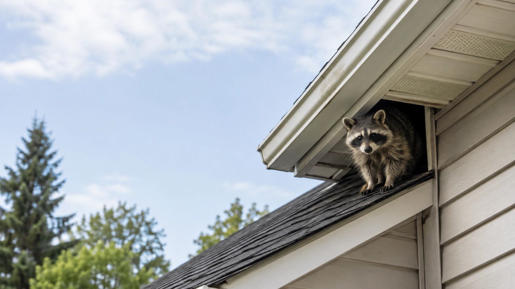 Raccoon entering a home through the roof and soffit area in Thunder Bay.