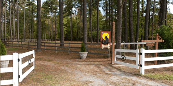 Open white gate entrance to a wooded area with a bear sign.