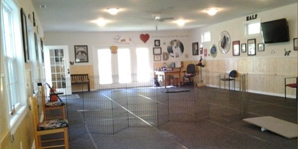 A spacious room with chairs, wall decorations, and a fenced area in the center.