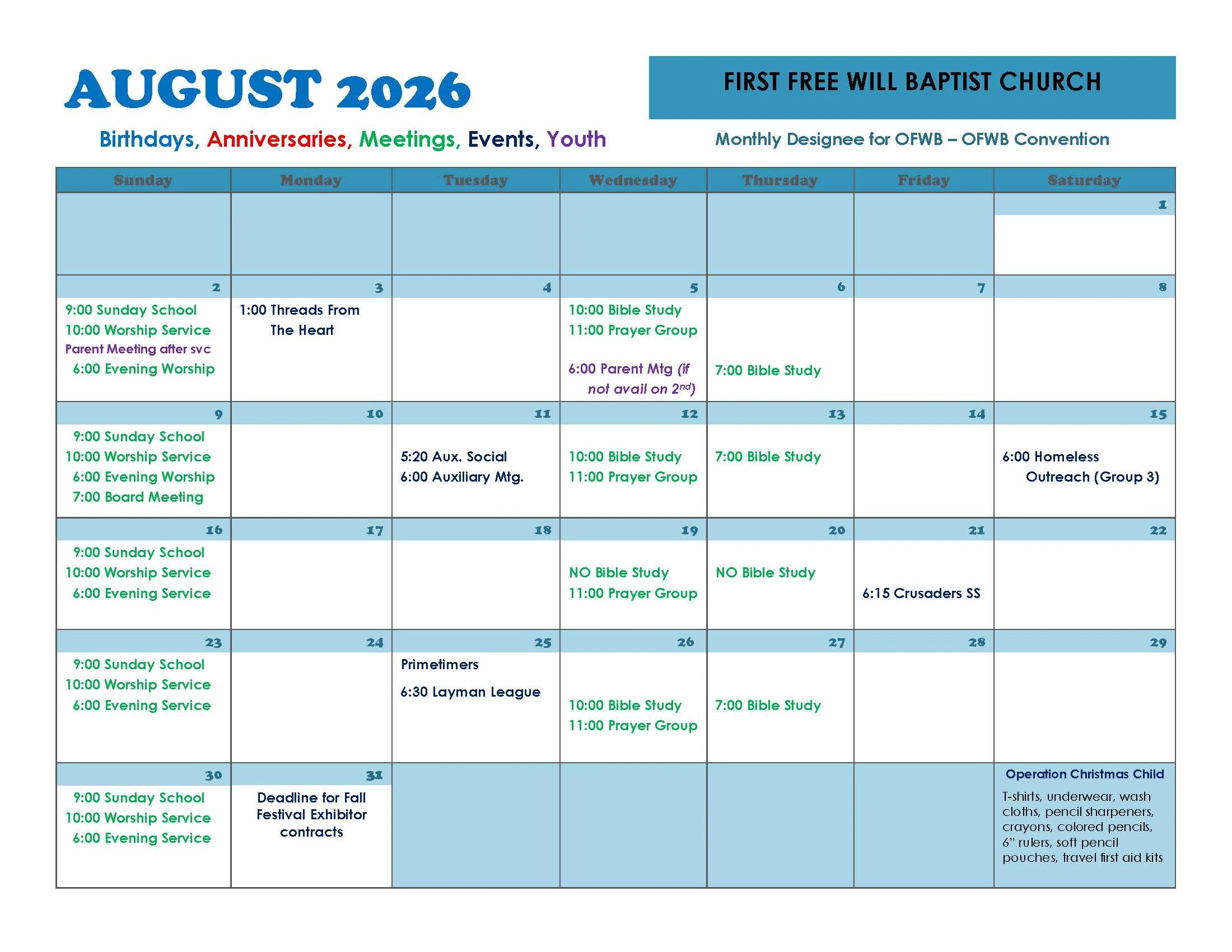 August 2026 calendar for First Free Will Baptist Church with scheduled worship, Bible study, meetings, and outreach events.