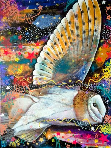 A vibrant painting of a barn owl flying through a colorful starry sky.