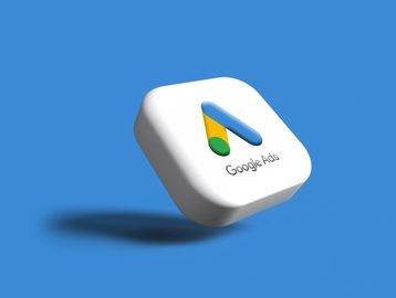 3D icon of Google Ads on blue background.
