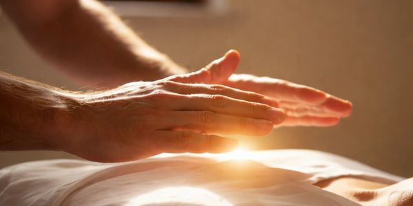Hands performing Reiki healing with glowing light.