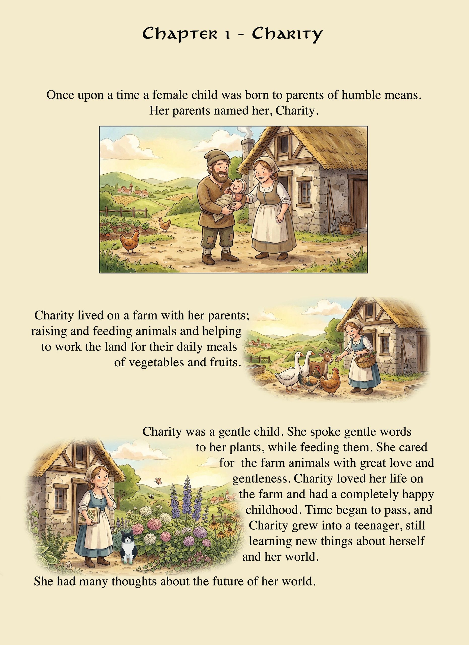 Illustrations and text introducing Charity, a kind child born to humble parents on a farm.