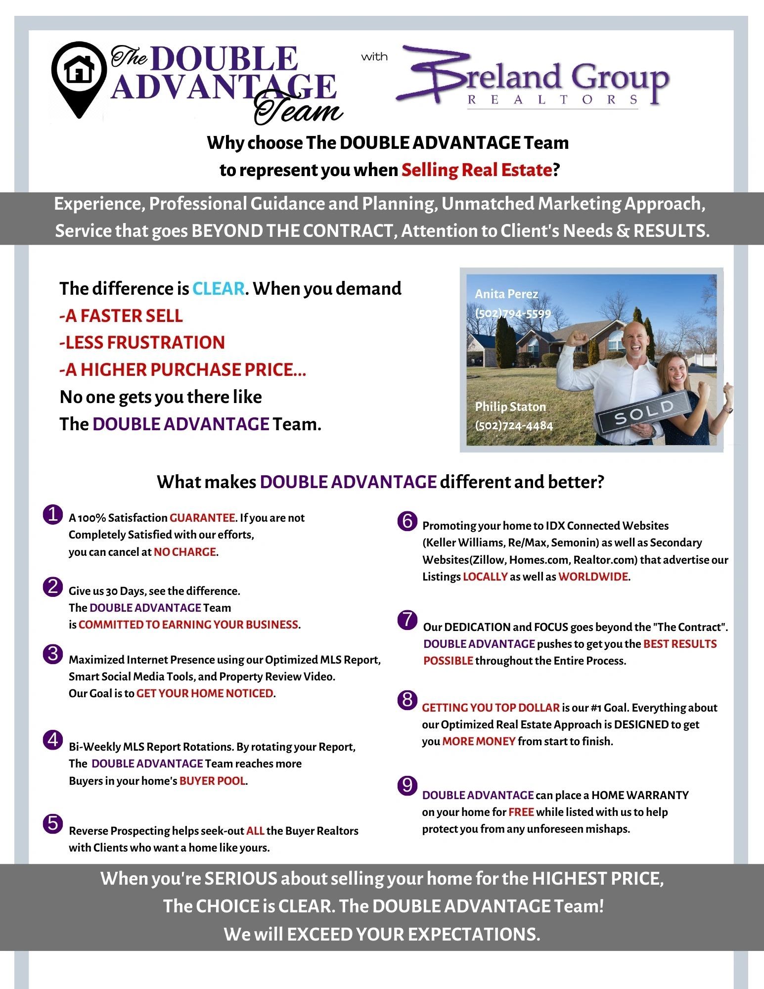 Seller SUCCESS & COMPLETE SATISFACTION is always a priority. Getting you more for your home!