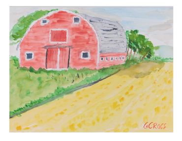 Red Barn - 9x12 watercolor on paper. A painting of a red barn beside a field.