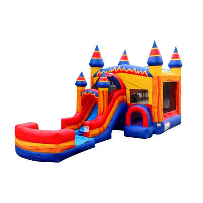 Red and yellow and blue Maui style bounce house combo single lane slide