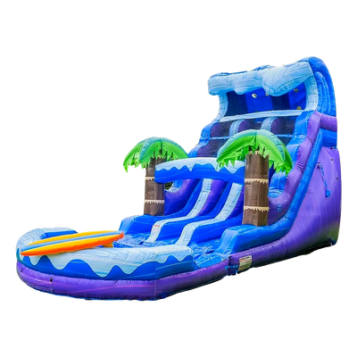 dual lane waterslide with a surfing theme