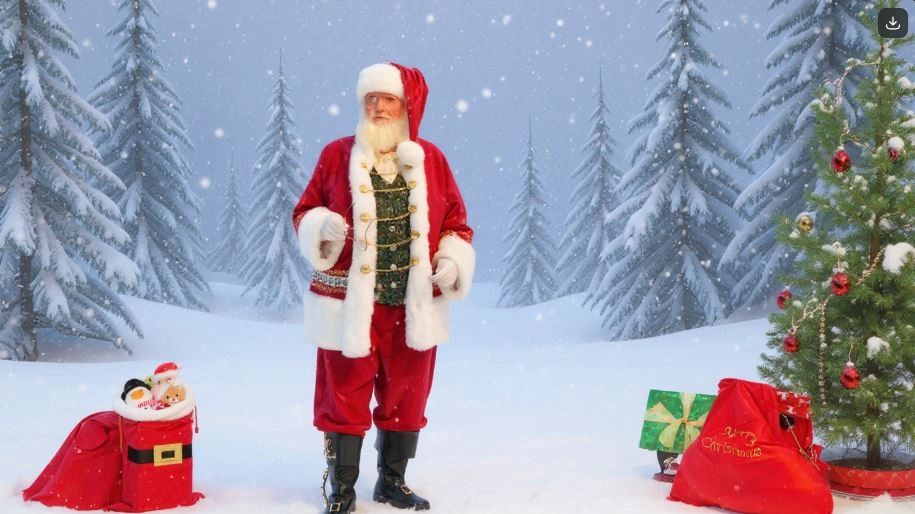Santa Claus stands in a snowy forest with gifts and a Christmas tree.