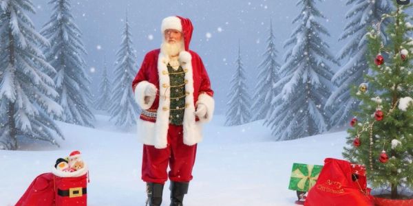 Santa Claus standing in snowy forest with Christmas gifts.