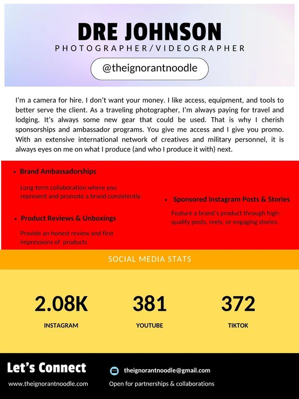 Dre Johnson offers photography and videography services with brand collaborations and social media stats.