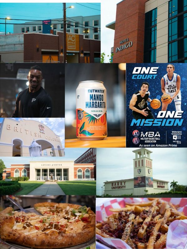 Collage of buildings, food, basketball, and a drink can.