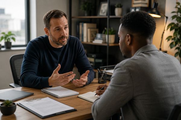 Two men having a serious conversation in an office.