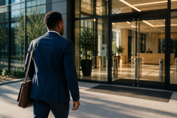 Man in suit walking into office building.