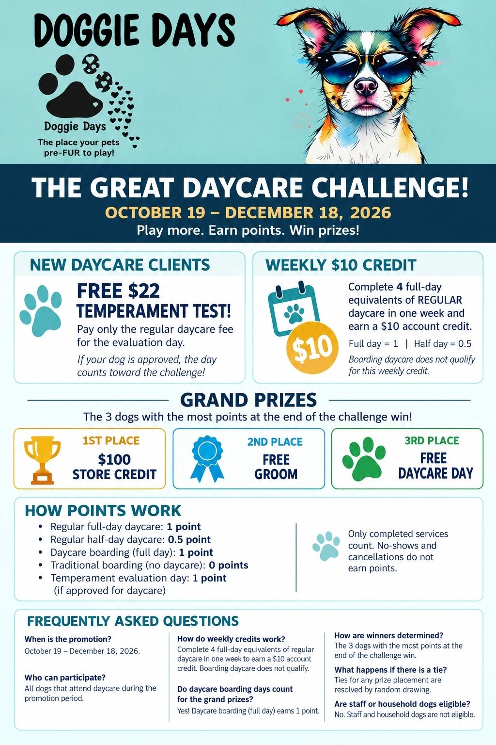 Promotional flyer for Doggie Days daycare challenge with prizes and credit offers.