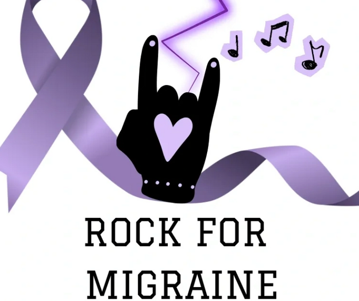 Purple ribbon with rock hand sign and musical notes for migraine awareness.