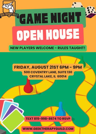 Game night open house event announcement with details.