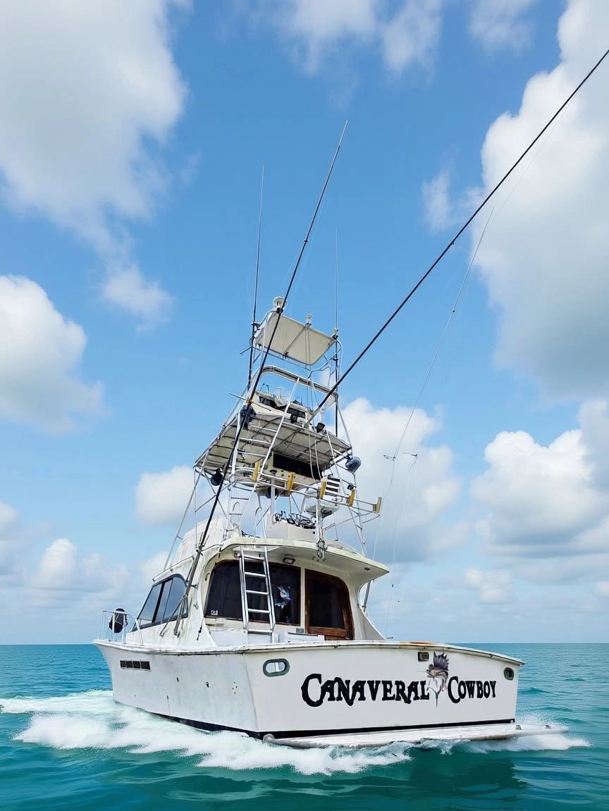 White boat named Canaveral Cowboy on blue ocean water.