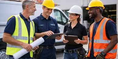 Four construction workers discussing plans outdoors, wearing safety gear.