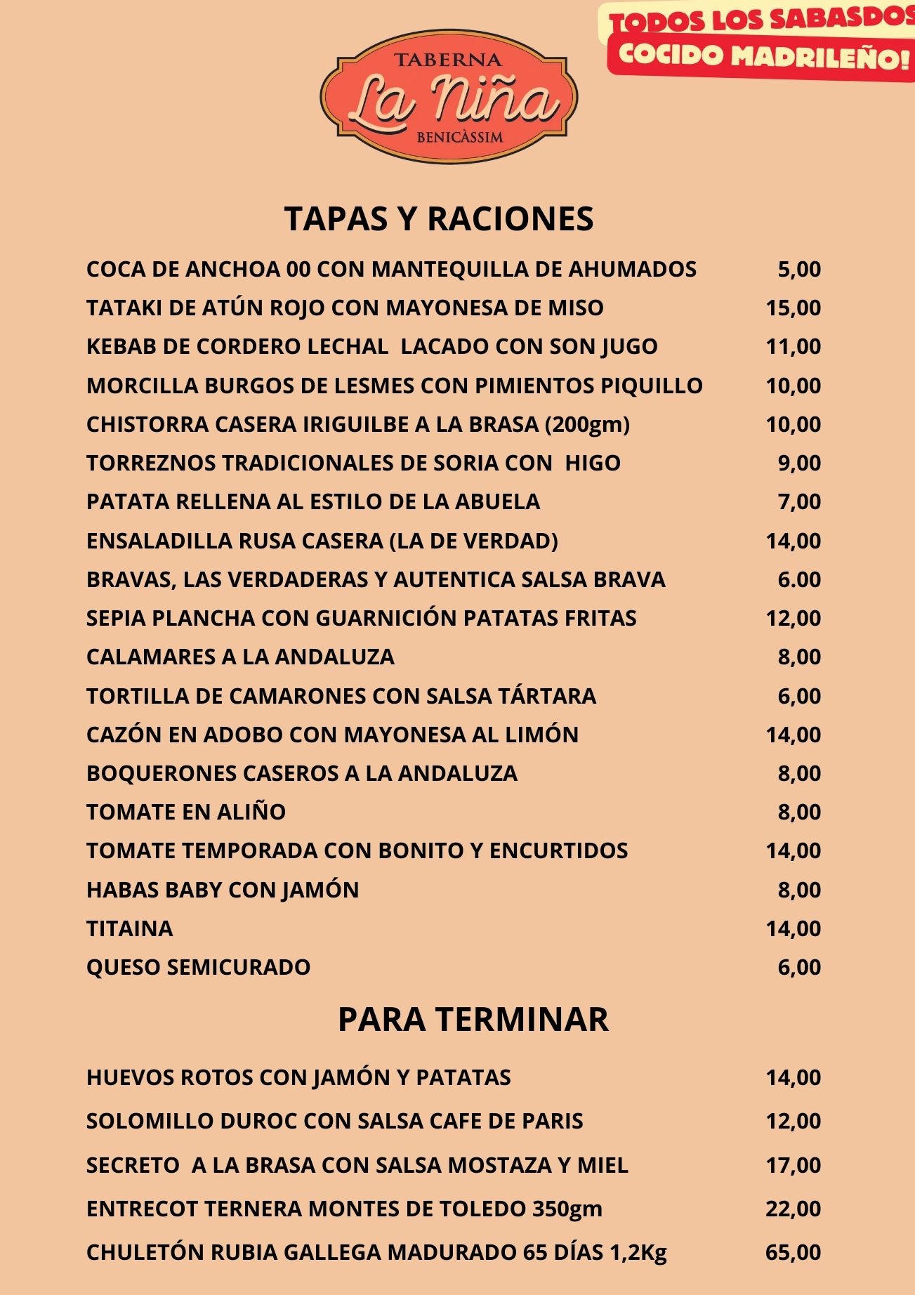 carta taberna la niña