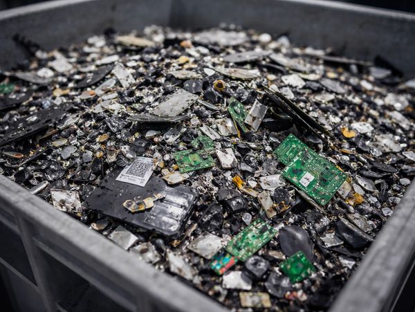 A photo of shredded hard drives in a bin.