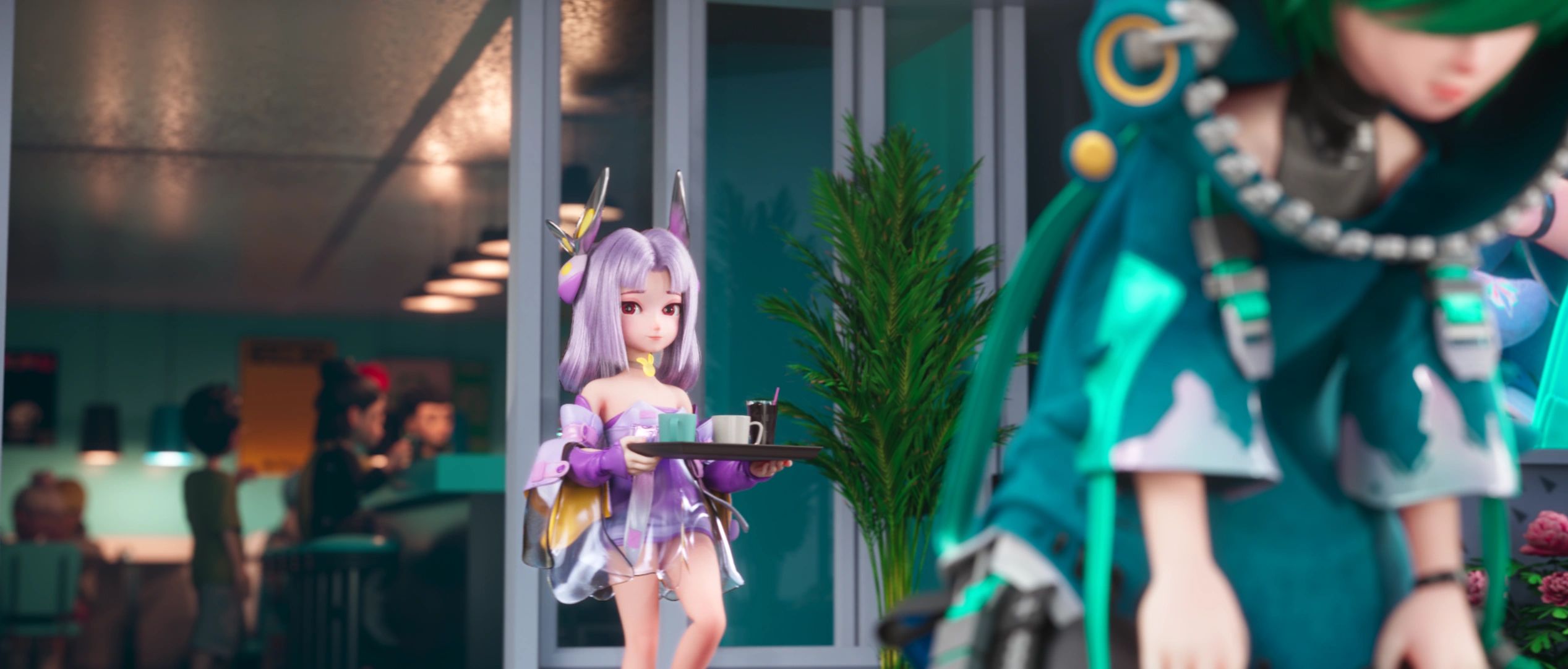 A cute anime-style character in purple serving drinks indoors.